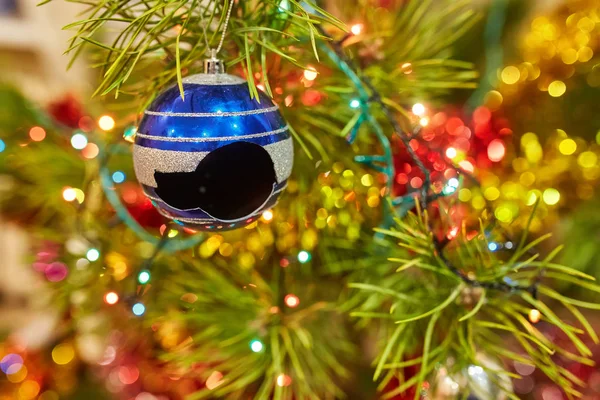 Árbol de Navidad con una bola de vidrio azul roto — Foto de Stock