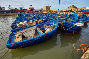 Essaouira limanında mavi balıkçı tekneleri - Fas