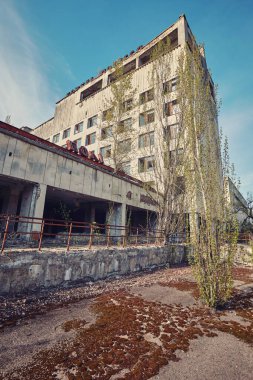 Pripyat, Ukrayna - 25 Nisan 2019: Polesie Oteli. Pripyat 'ta terk edilmiş bir bina. Radyasyon oteli. Genç ağaçlar asfaltta filizlenir..