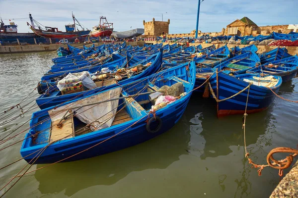 Blauwe Vissersboten Haven Van Essaouira Marokko — Stockfoto