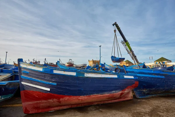 Lotes Barcos Pesca Azuis Porto Essaouira Marrocos — Fotografia de Stock