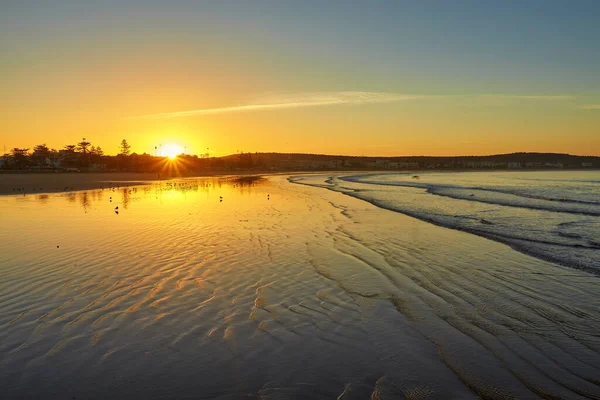 Belo Pôr Sol Praia Com Reflexos Água Gaivotas Areia Moinhos — Fotografia de Stock