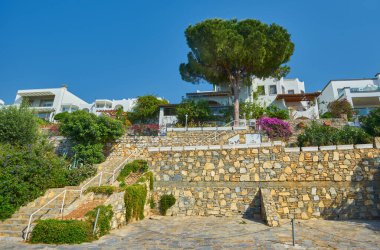 Turistler için sayıları olan küçük kulübelerden oluşan rahat yeşil kompleks