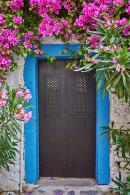 Bodrum 'daki Pembe Bougainvillea Çiçekleri ve Eski Mavi Kapı. Mugla, Türkiye