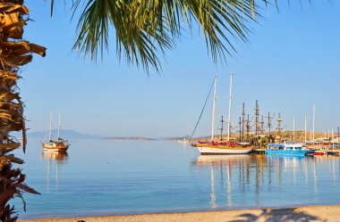 Bodrum Sahili, Ege Denizi, geleneksel beyaz evler, çiçekler, marina, Bodrum kasabası Türkiye 'de yelkenli tekneler, yatlar.