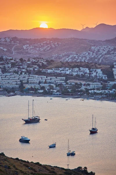 Vista Panorâmica Pôr Sol Baía Gumbet Bodrum Riviera Turca Bodrum — Fotografia de Stock
