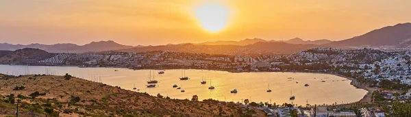 Coucher Soleil Panoramique Sur Baie Gumbet Bodrum Sur Riviera Turque — Photo