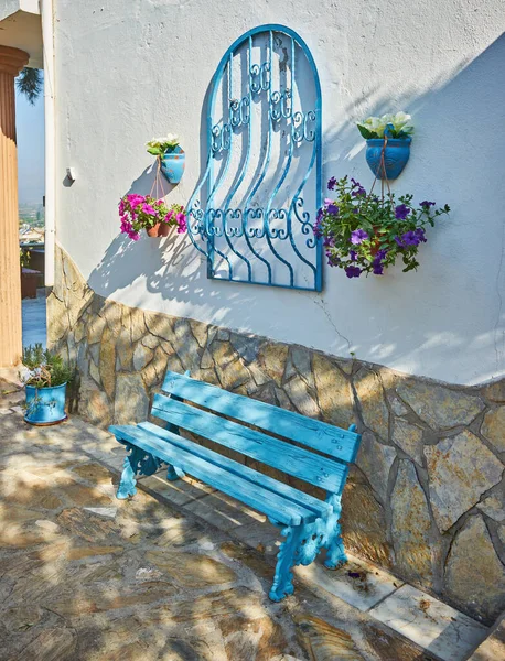 Bougainvillea Flores Redor Casa Com Uma Varanda Tsvetami Mikonos — Fotografia de Stock