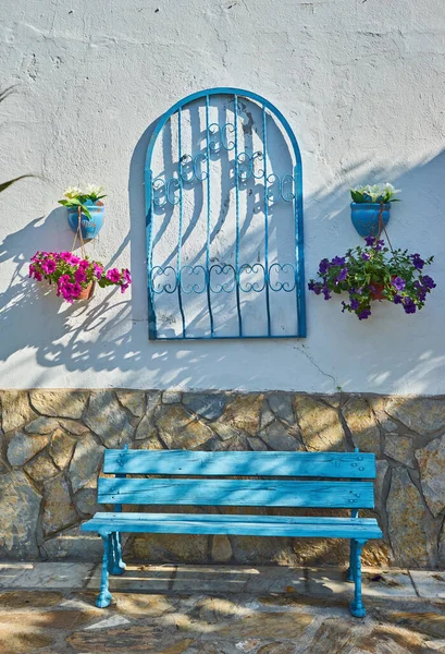 Classic View Greek Blue Window White Wall Coffee Table Chairs — Stock Photo, Image