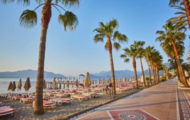 Marmaris 'te palmiye ağaçları olan güzel bir gezinti yeri. Türkiye.