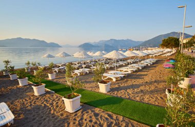 Sabahın köründe ıssız bir plaj. Şafakta kumsalda. Boş güneşlik. İnsansız plaj. Marmaris, Türkiye.