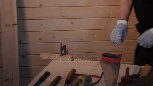 Üst düzey marangoz kurulu testere ile kesme — Stok video