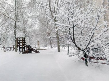 Şehir parkında kar yağdıktan sonra gündüz