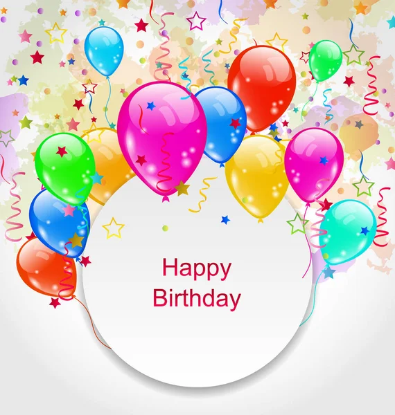 Листівка святкування дня народження з різнокольоровими кульками — стокове фото