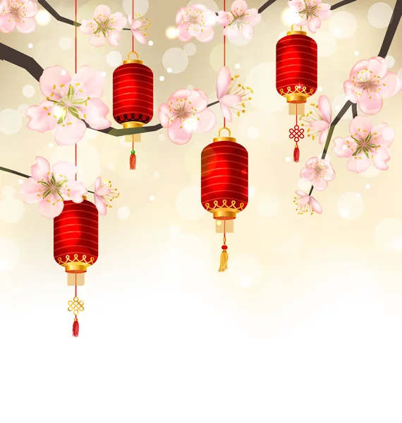 Cute Background with Sakura Blossom and Hanging Lanterns — Stock Photo, Image