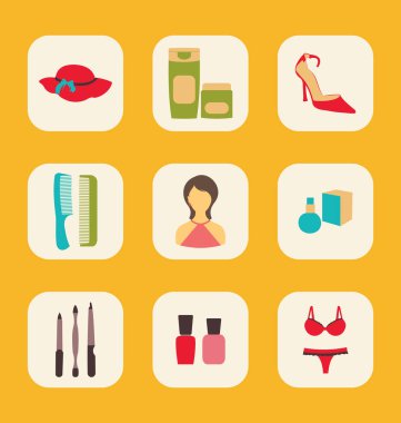 Şapka, kremler, s tarafından çevrili merkezi bir kadınla düz Icons set
