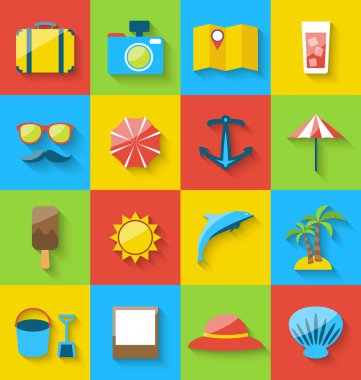 Tatil seyahat, yaz piktogram, deniz eğlence, co düz simgeler