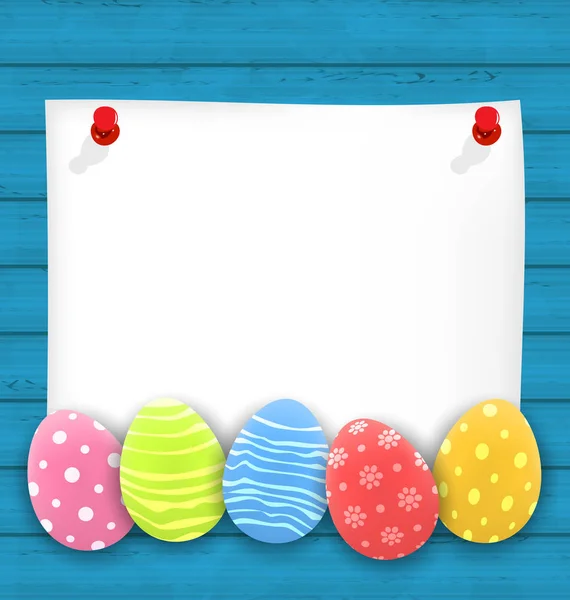 Celebration empty paper card with Easter ornamental eggs on wood — Stock Photo, Image