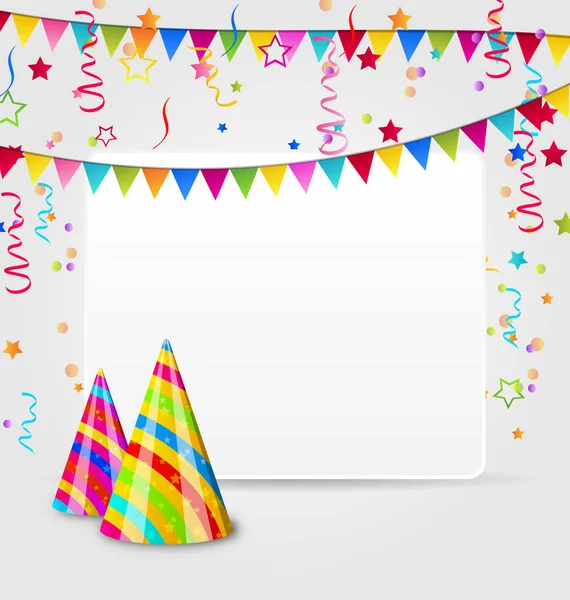 Tarjeta de celebración con sombreros de fiesta, confeti y banderas colgantes — Foto de Stock