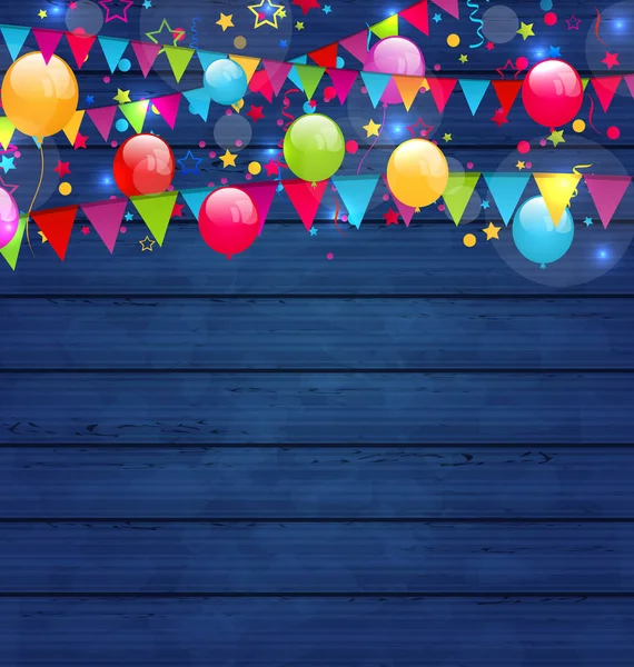 Sfondo vacanza in legno con palloncini multicolori e hangin — Foto Stock