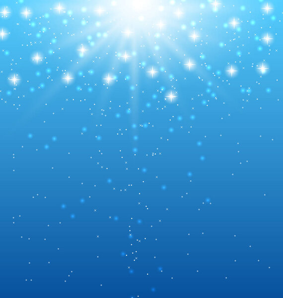 Abstract blue background with sunbeams and shiny stars