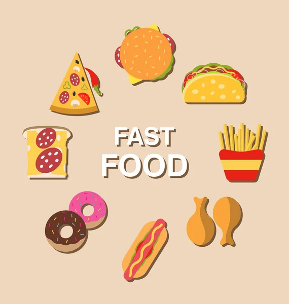 Set de iconos planos de comida rápida con sombras —  Fotos de Stock