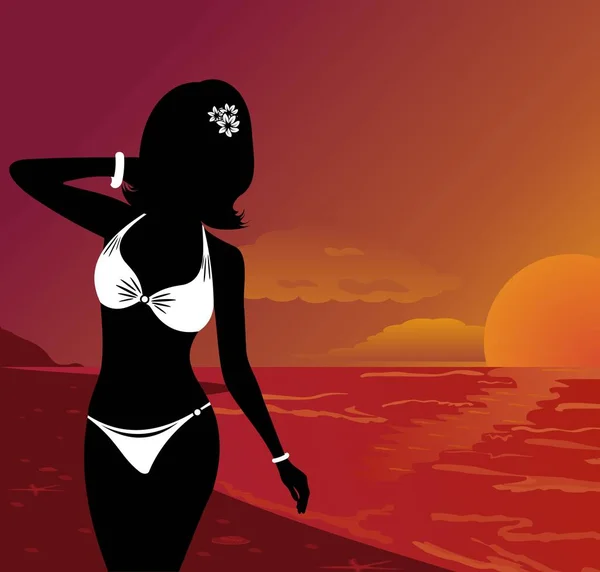 Silhueta menina bonita ao pôr do sol na praia — Fotografia de Stock