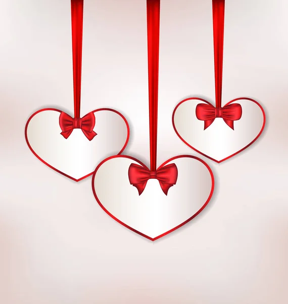 Set card heart shaped with silk bow for Valentine Day — Stock Photo, Image