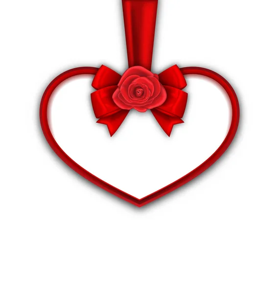 Kırmızı gül, şerit ve yay mutlu Sevgililer günü için kırmızı kalp — Stok fotoğraf