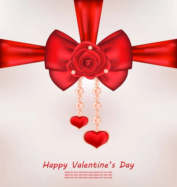 Tarjeta de felicitación con arco rojo, rosa, corazón, perlas para San Valentín D — Foto de Stock