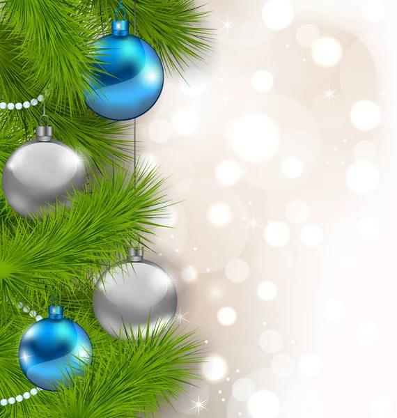Vánoční svítící pozadí s větvemi jedlí a skleněné kuličky — Stock fotografie