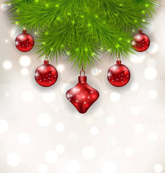 Vánoční složení s větvičky jedle a červené skleněné kuličky — Stock fotografie