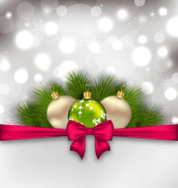 크리스마스 전나무 지점과 유리 공 빛나는 카드 — 스톡 사진