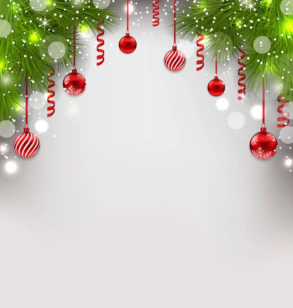 Рождественский светящийся фон с еловыми ветвями, стеклянные шарики, ул. — стоковое фото
