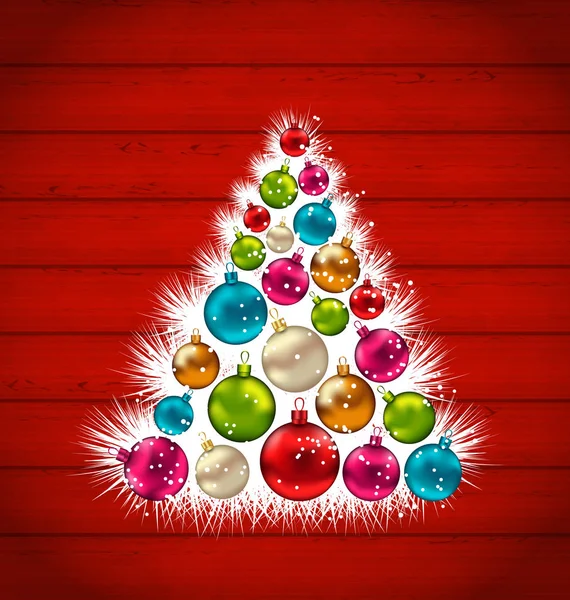 Αφηρημένη χριστουγεννιάτικο δέντρο και πολύχρωμες μπάλες σε ξύλινα φόντο — Φωτογραφία Αρχείου