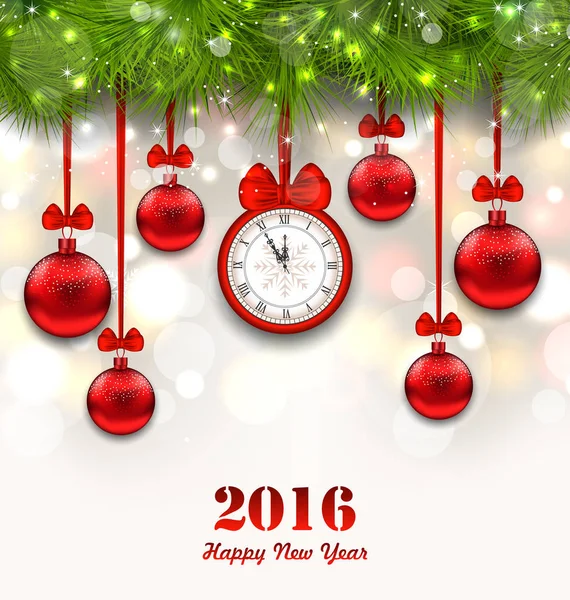 新的一年魔术背景与时钟、 枞树枝和玻璃球 — 图库照片