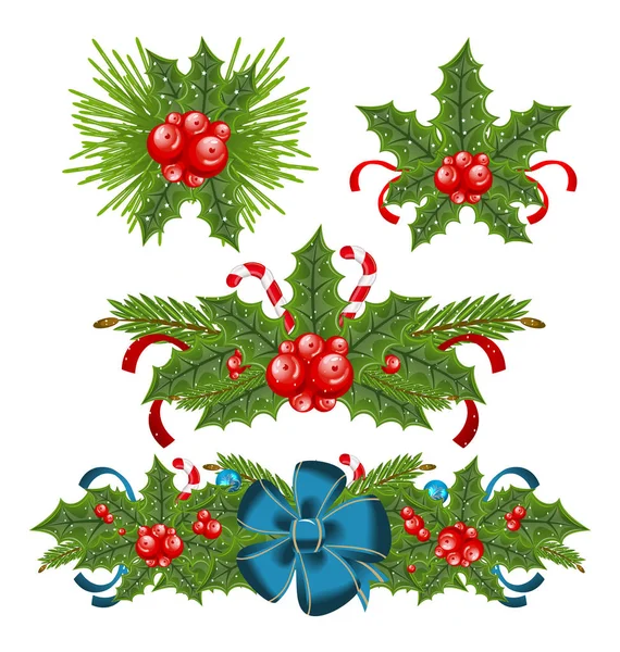 Állítsa be a holly berry sprigs a karácsonyi dekoráció — Stock Fotó