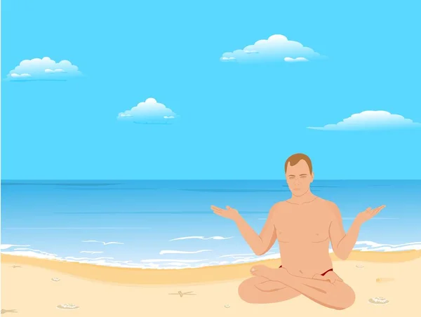 Yogas o homem senta-se em uma praia e medita — Fotografia de Stock
