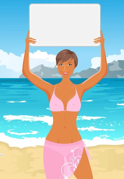 Girl in bikini with banner on the beach — Stock Photo, Image