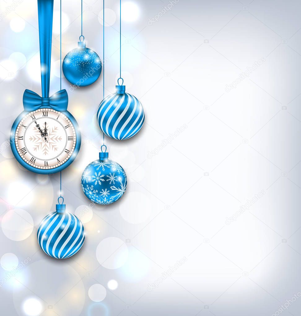 New Year Shiny Background with Clock and Glass Balls