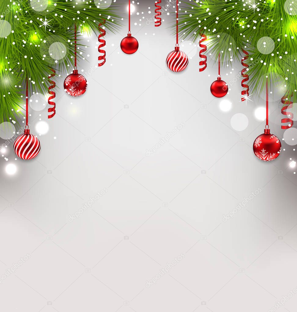 Christmas glowing background with fir branches, glass balls, str