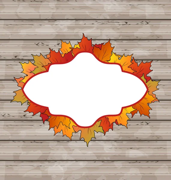 Emblema de otoño con hojas de arce, textura de madera — Foto de Stock