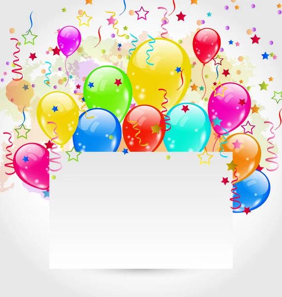 Cartão de aniversário com balões multicoloridos e confetes — Fotografia de Stock