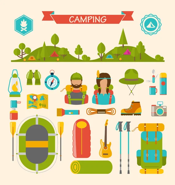 Conjunto de Camping e Caminhadas Equipamento — Fotografia de Stock