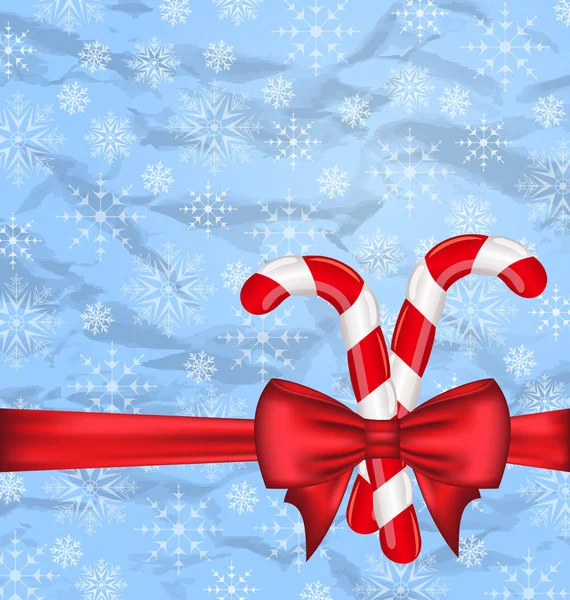 Рождественский фон с подарком лук и сладкие трости, снежинки т — стоковое фото
