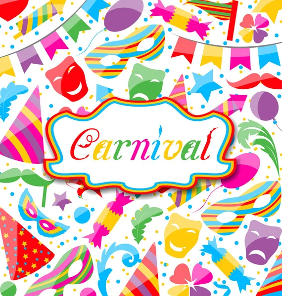 Ünnepi kártya karnevál és a párt színes ikonok és objektumok — Stock Fotó