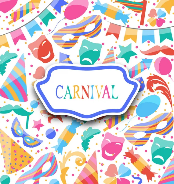 Festive postcard with carnival colorful icons and objects — Stock Photo, Image