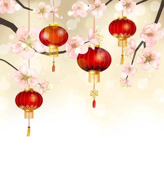Fond avec fleurs de cerisier et lanternes suspendues — Photo