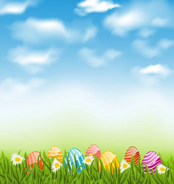 Easter natural landscape with traditional painted eggs in grass — Stock Photo, Image