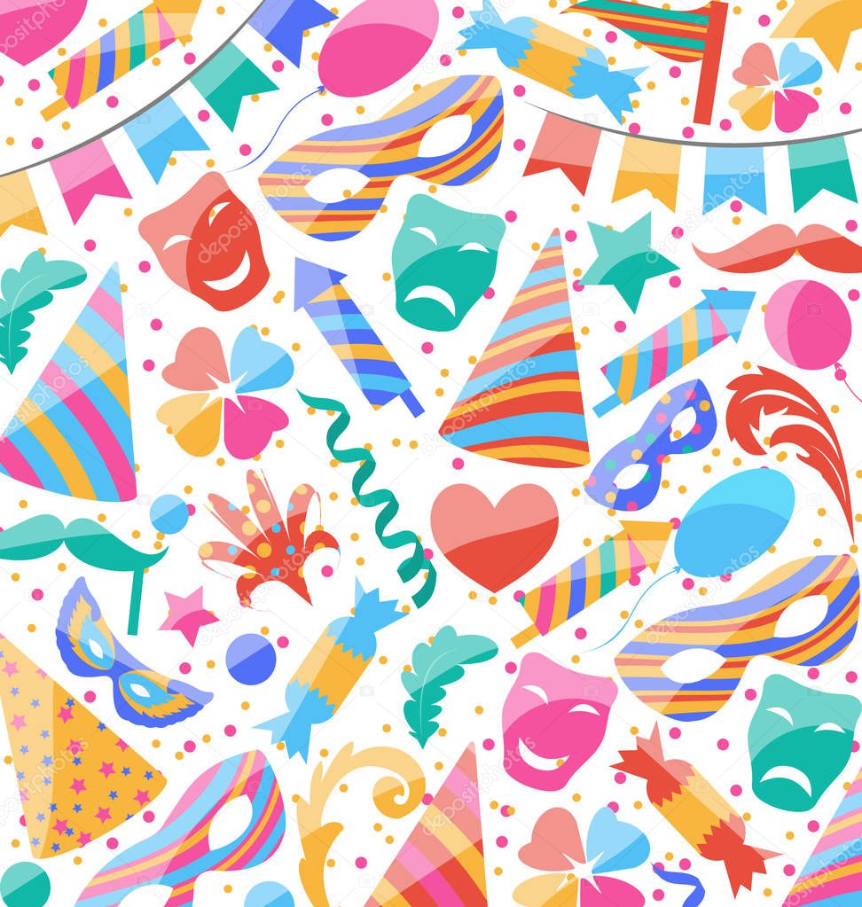 Festive wallpaper with carnival and party colorful icons and obj